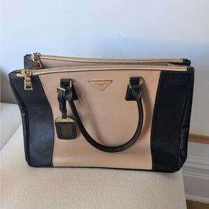 Prada Black and Beige Saffiano Leather Double-Zip Tote